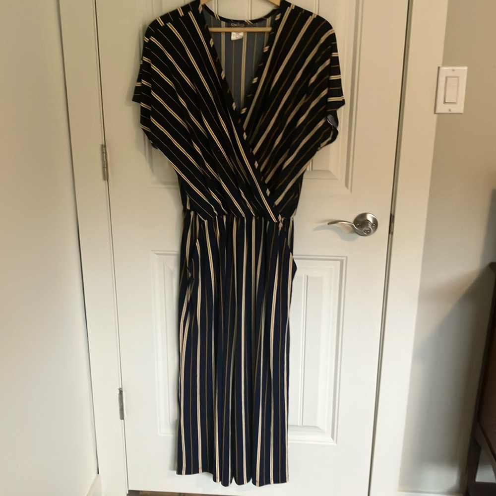 KIM & CO JUMPSUIT Short Sleeves V-Neck NAVY GOLD Stripes XL NEW